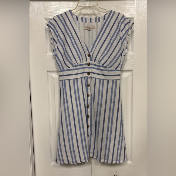 LOFT Blue and White Striped Button-Front V-Neck Dress - Picture 10 of 16